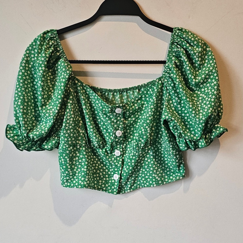 SHEIN Womens Green Ditsy Floral Puff Sleeve Button Front Crop Top Size S 4
